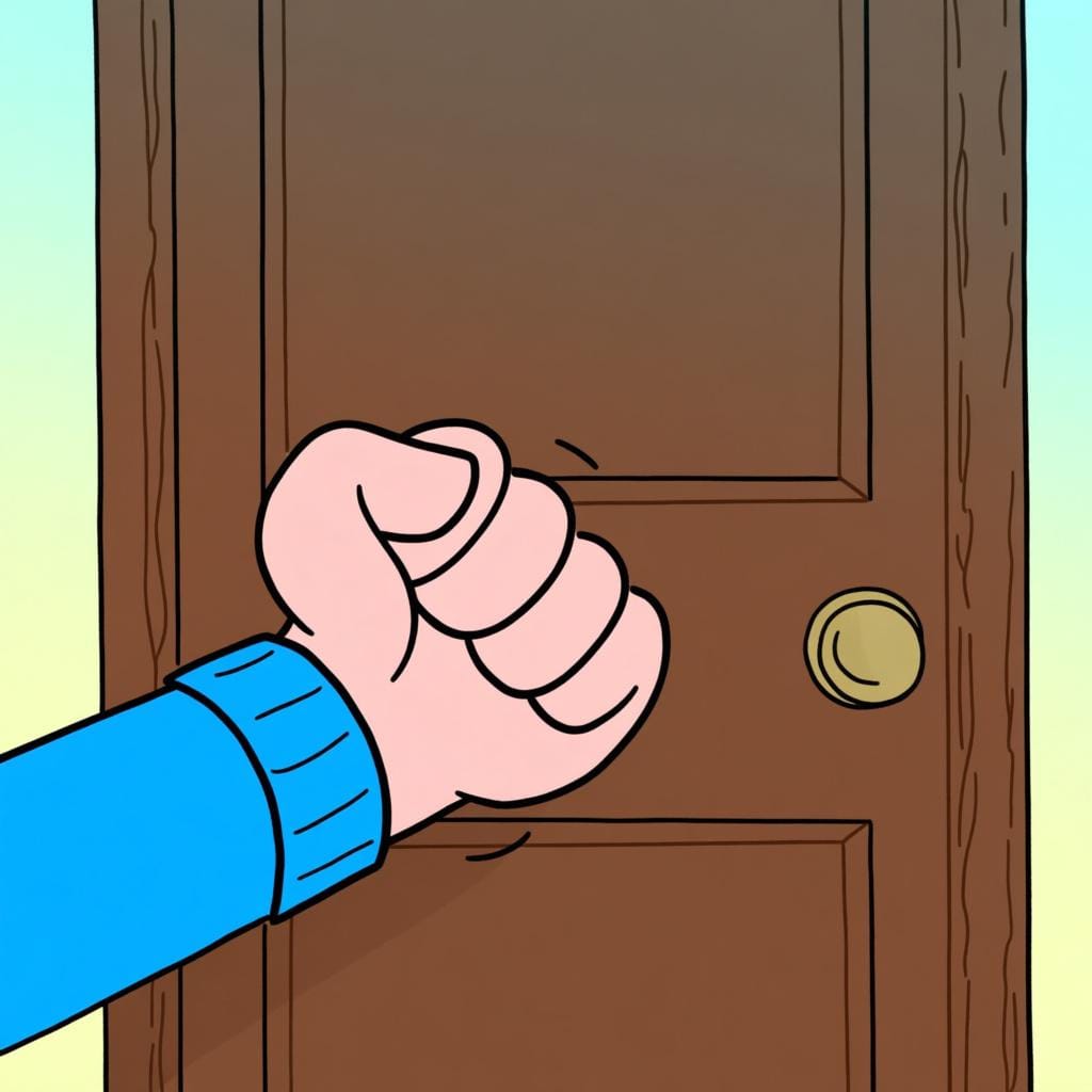 A close-up view of a hand knocking firmly on a closed wooden door.