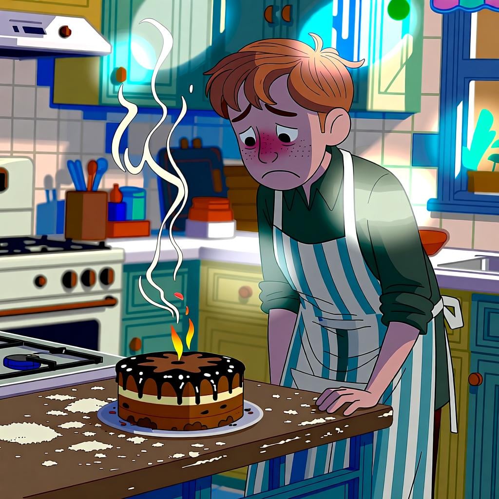 A person looking frustrated at a burnt cake they just took out of the oven, illustrating an action done badly.