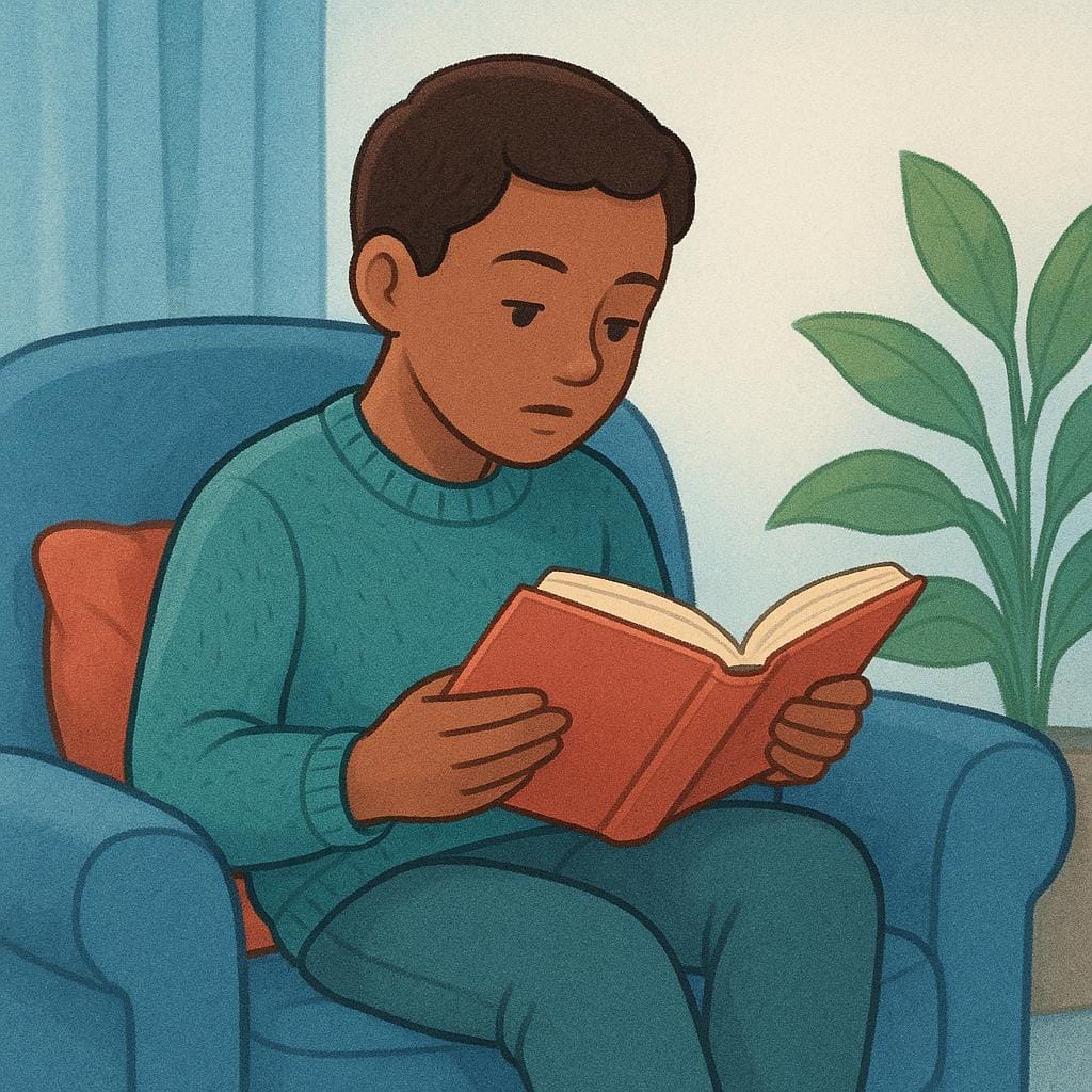 A colorful storybook illustration showing a person sitting comfortably, holding an open book in their hands and concentrating on the pages.