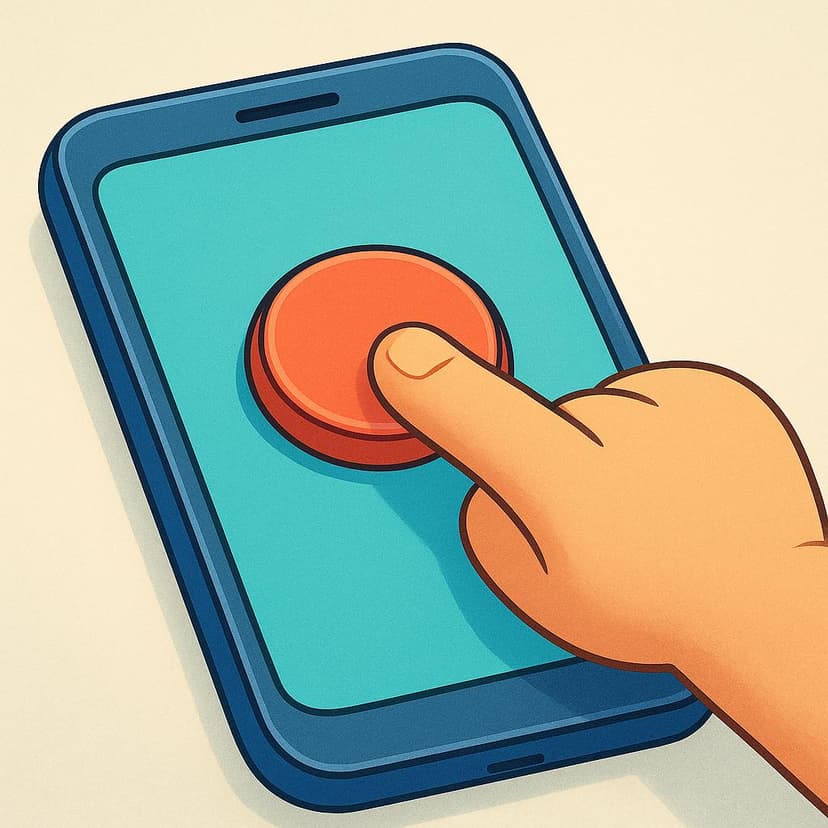 A cartoon hand presses a button on a modern smartphone screen.