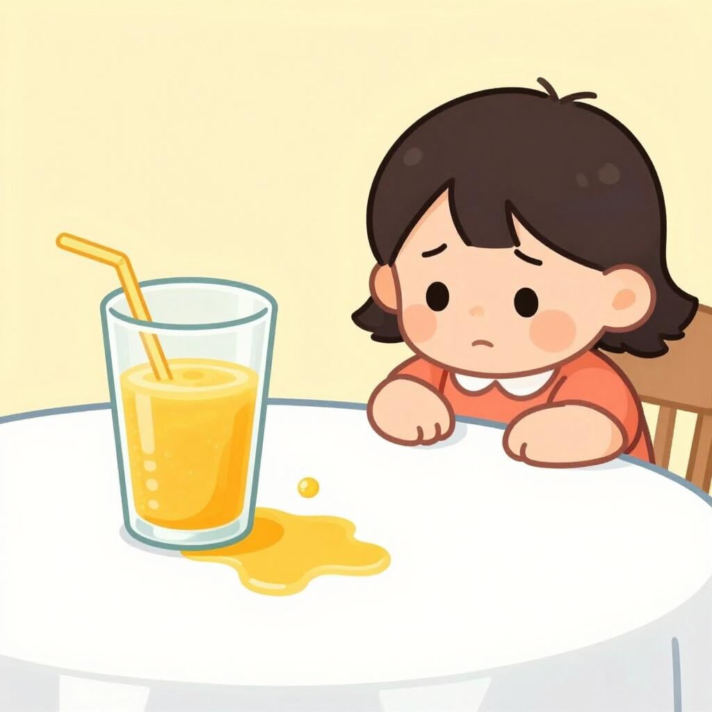 Uma criança triste olhando para um copo de suco derramado em uma toalha de mesa branca e limpa.