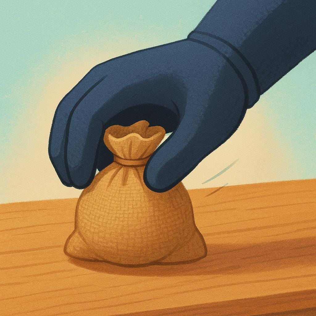 A large, authoritative hand reaching to take a small, tied sack (representing confiscated goods) from a wooden table.