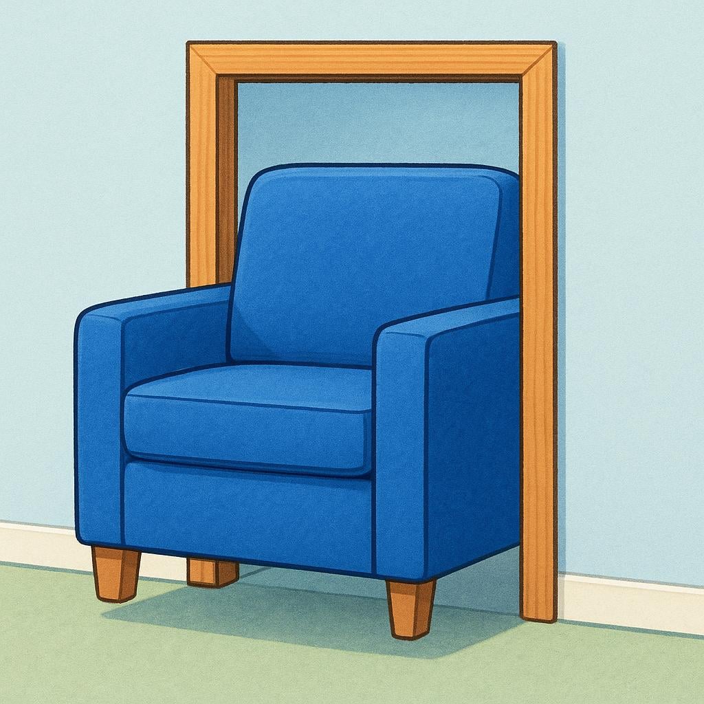 A large, square, blue armchair is being pushed through a narrow wooden door frame, fitting perfectly with no space to spare.