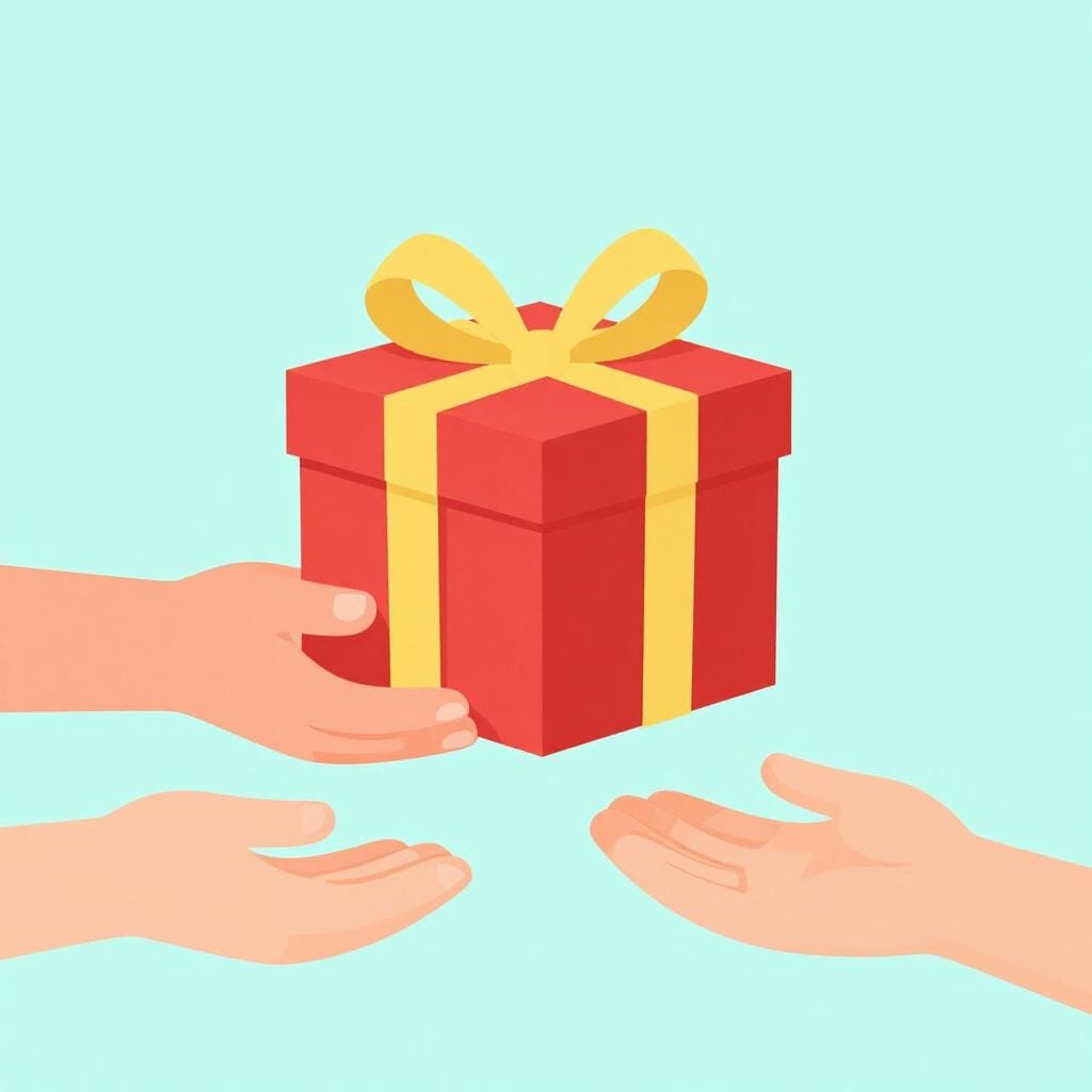 Een persoon die een kleurrijk ingepakt cadeau aan een andere persoon overhandigt.