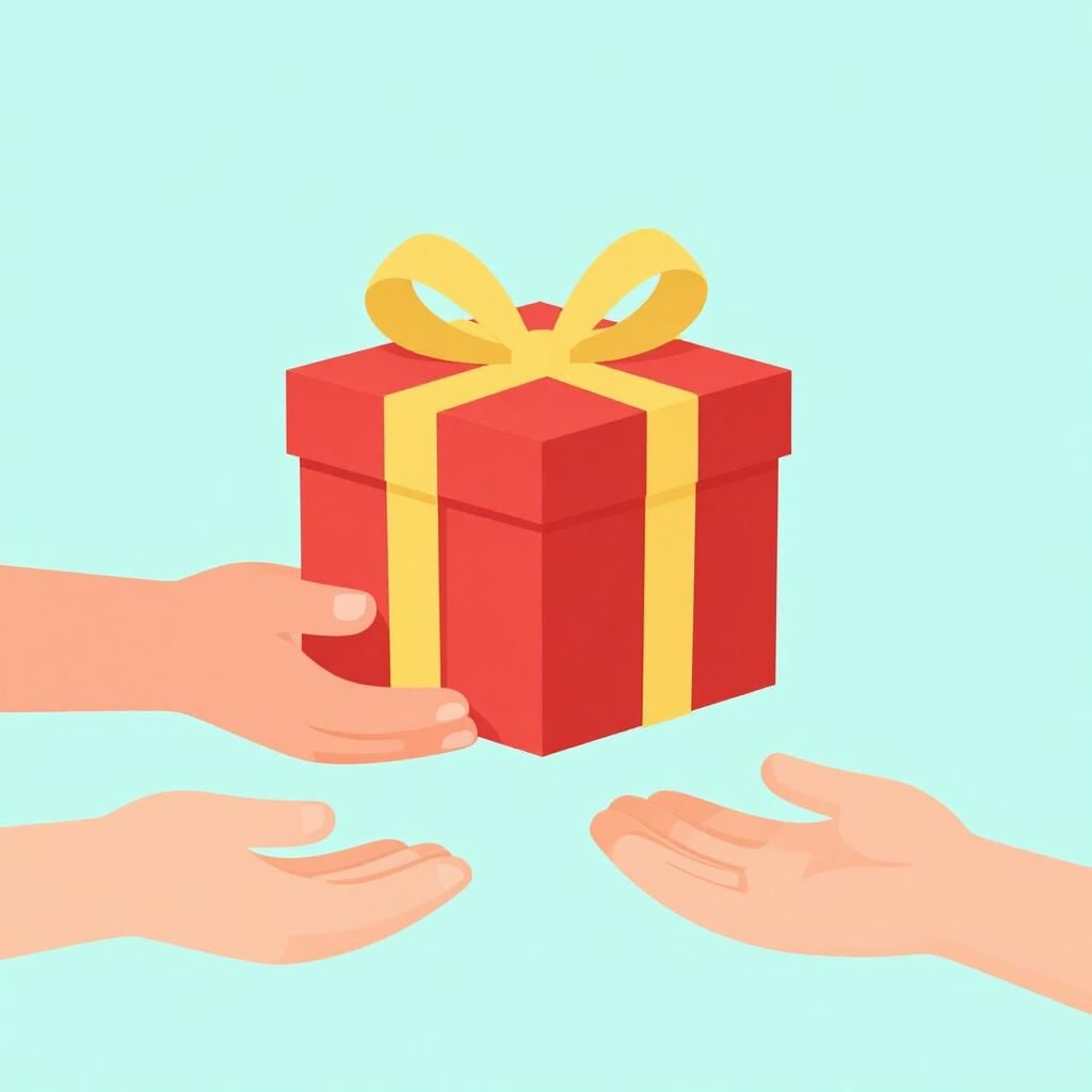 A person handing a colorful wrapped gift to another person.