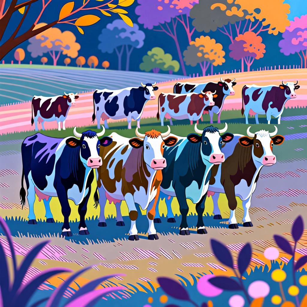 A small, distinct group of cattle standing in a green pasture.