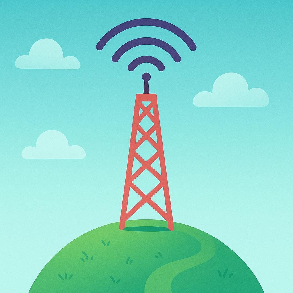 Une illustration stylisée d'une tour de diffusion envoyant des ondes radio sur un paysage.