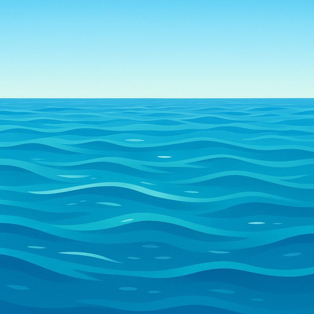 Uma vista panorâmica de um vasto oceano azul profundo encontrando o céu limpo no horizonte.