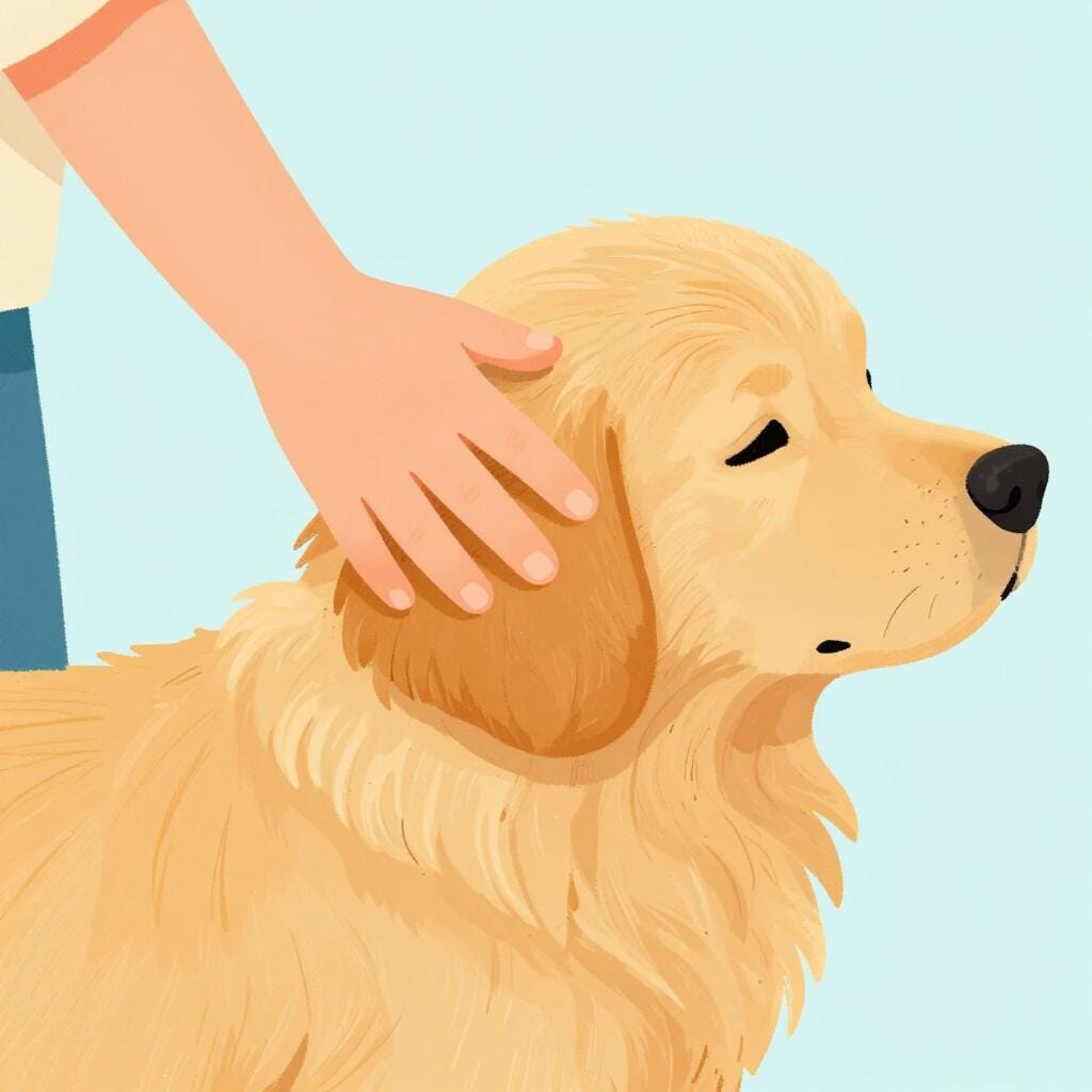 La mano di un bambino accarezza dolcemente il morbido pelo di un soffice cane golden retriever.