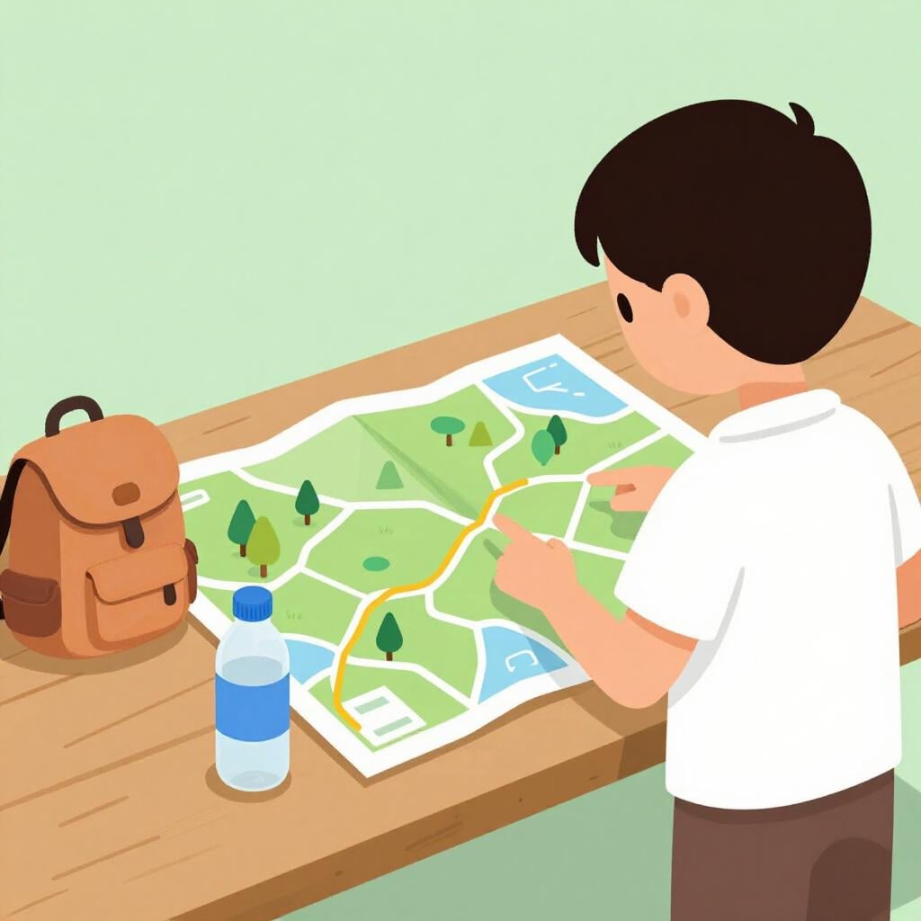 A hiker looking at a large paper map spread out on a wooden table, preparing for a journey.