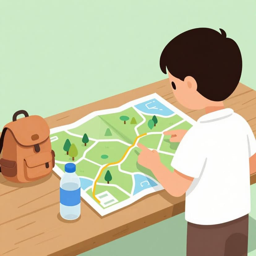 A hiker looking at a large paper map spread out on a wooden table, preparing for a journey.