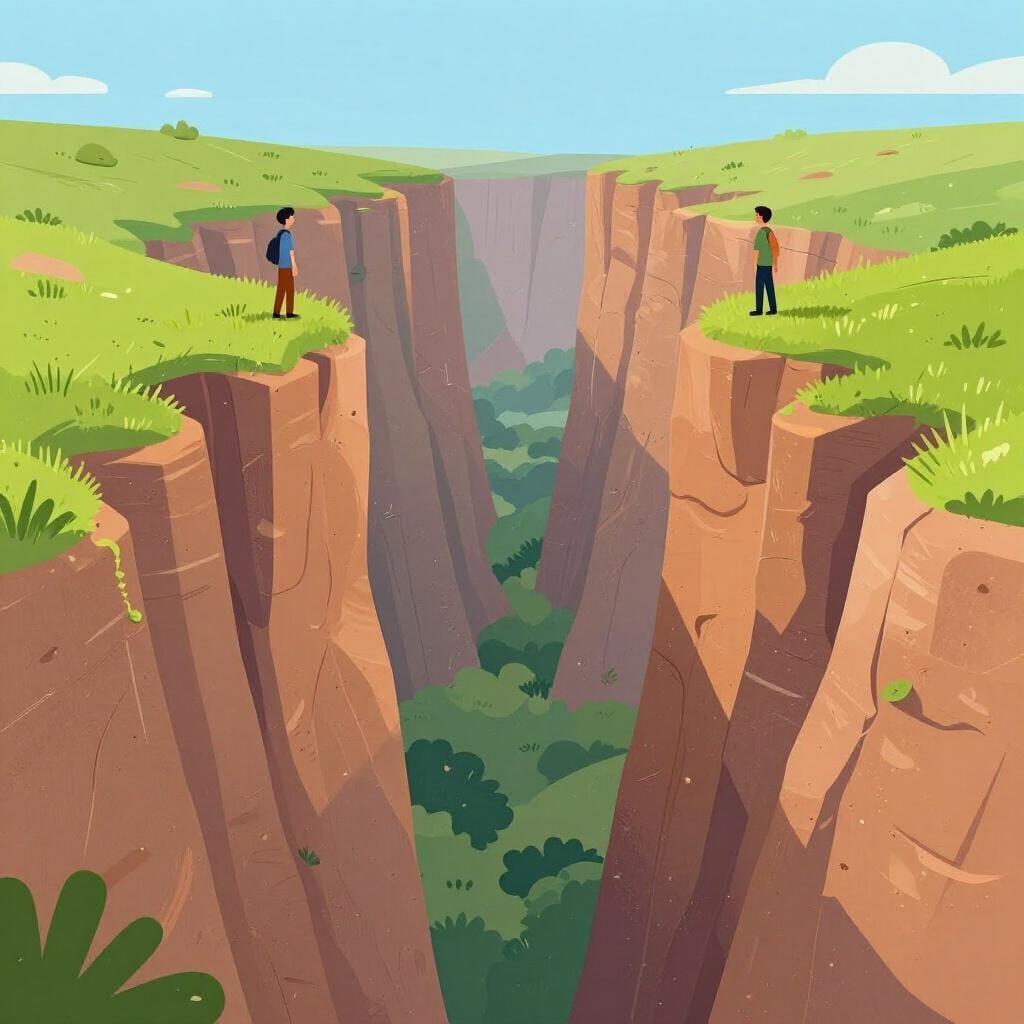 Two cliffs separated by a wide canyon with a person standing on each side.