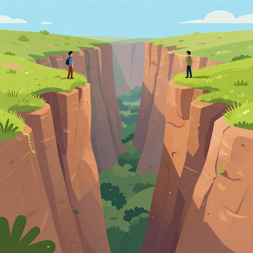 Two cliffs separated by a wide canyon with a person standing on each side.