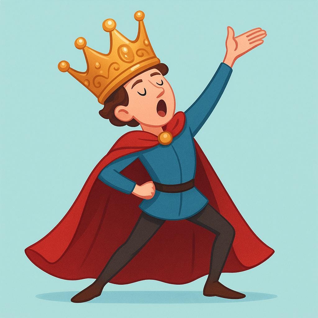 A person wearing an oversized, fancy crown and a velvet cape while posing dramatically.