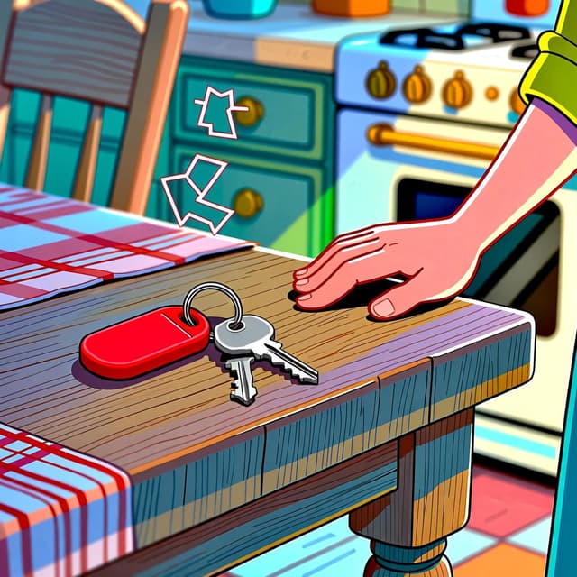 木製のキッチンテーブルの上に置かれた光沢のある銀色の鍵のペア。人物の手がそれらから離れていく様子が、物を置き去りにする動作を描写している。