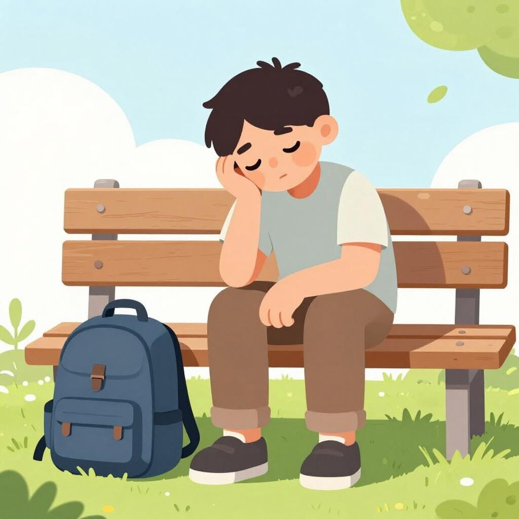 Una persona stanca seduta su una panchina del parco con la testa china e uno zaino pesante a terra.