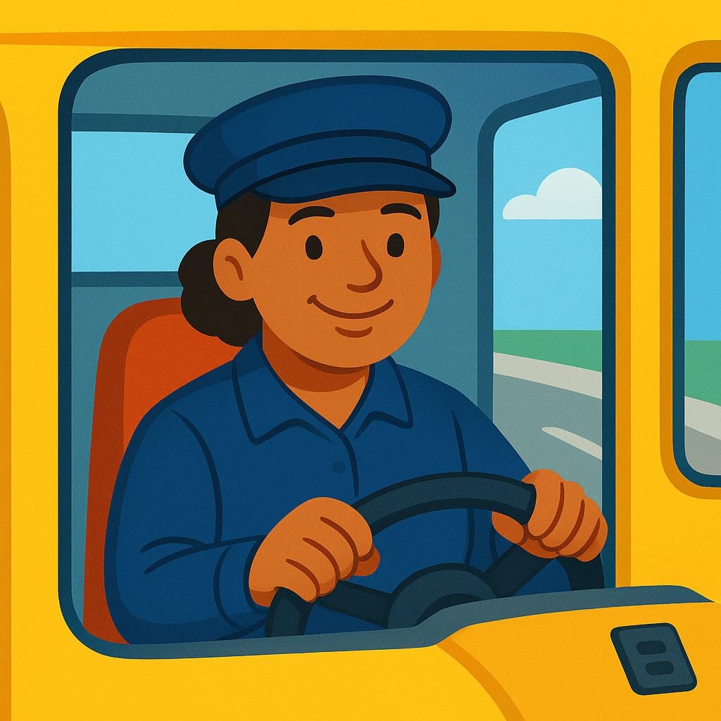 A person wearing a professional uniform sitting in the driver's seat of a large vehicle, hands gripping the steering wheel, focused on the road ahead.