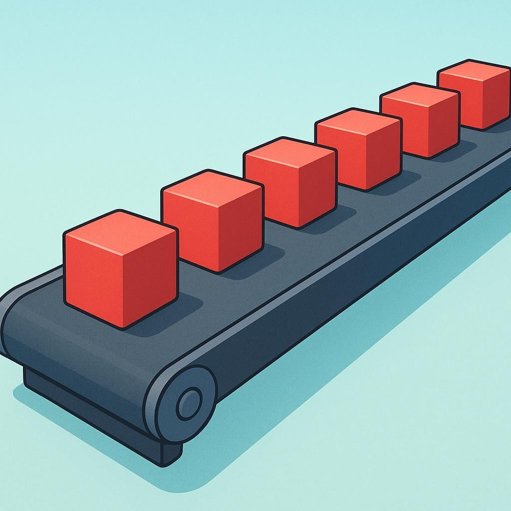 A perfectly organized conveyor belt transporting evenly spaced red cubes in a straight, regulated line.