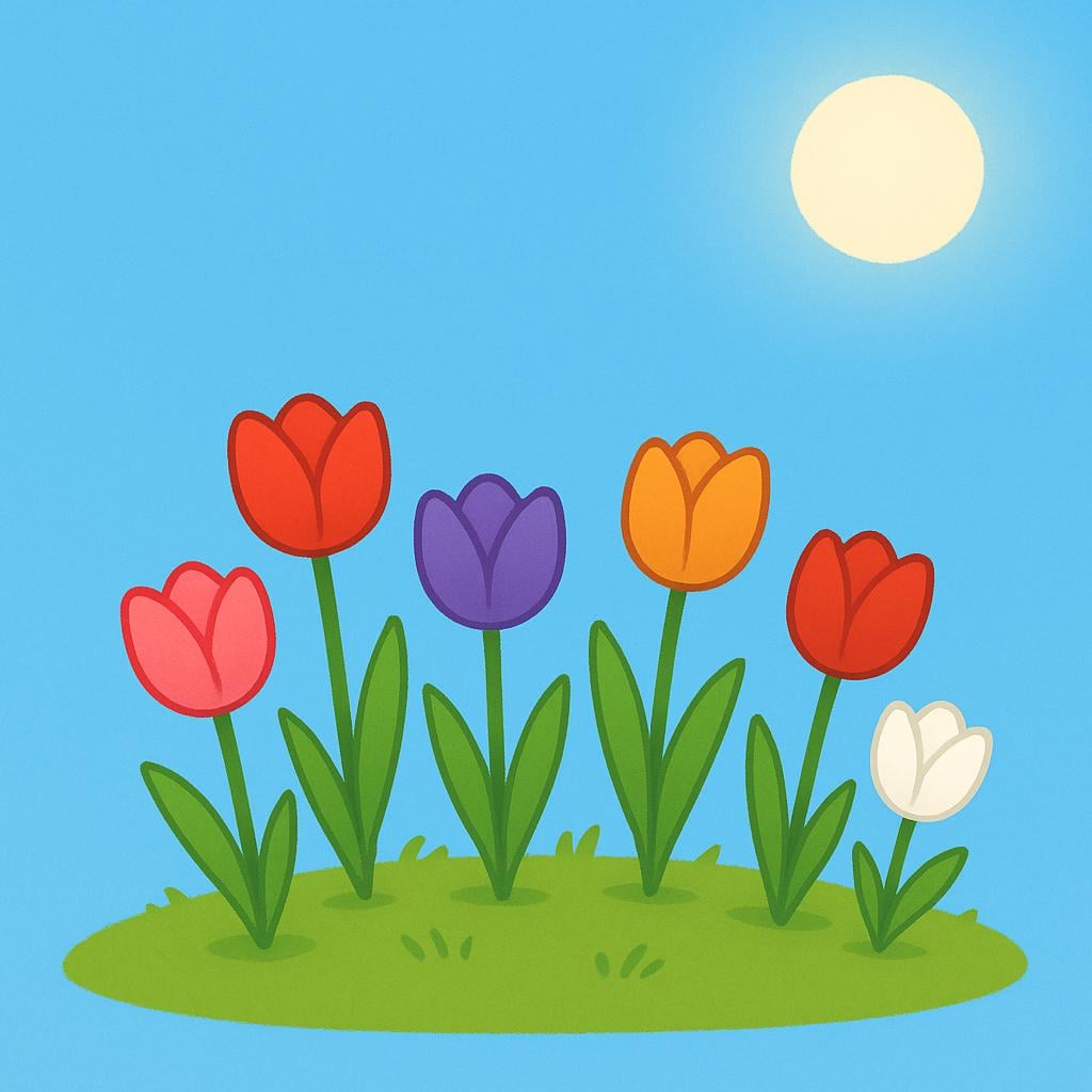 A close-up view of bright colorful tulips blooming in a patch of green grass under a sunny, clear blue sky.