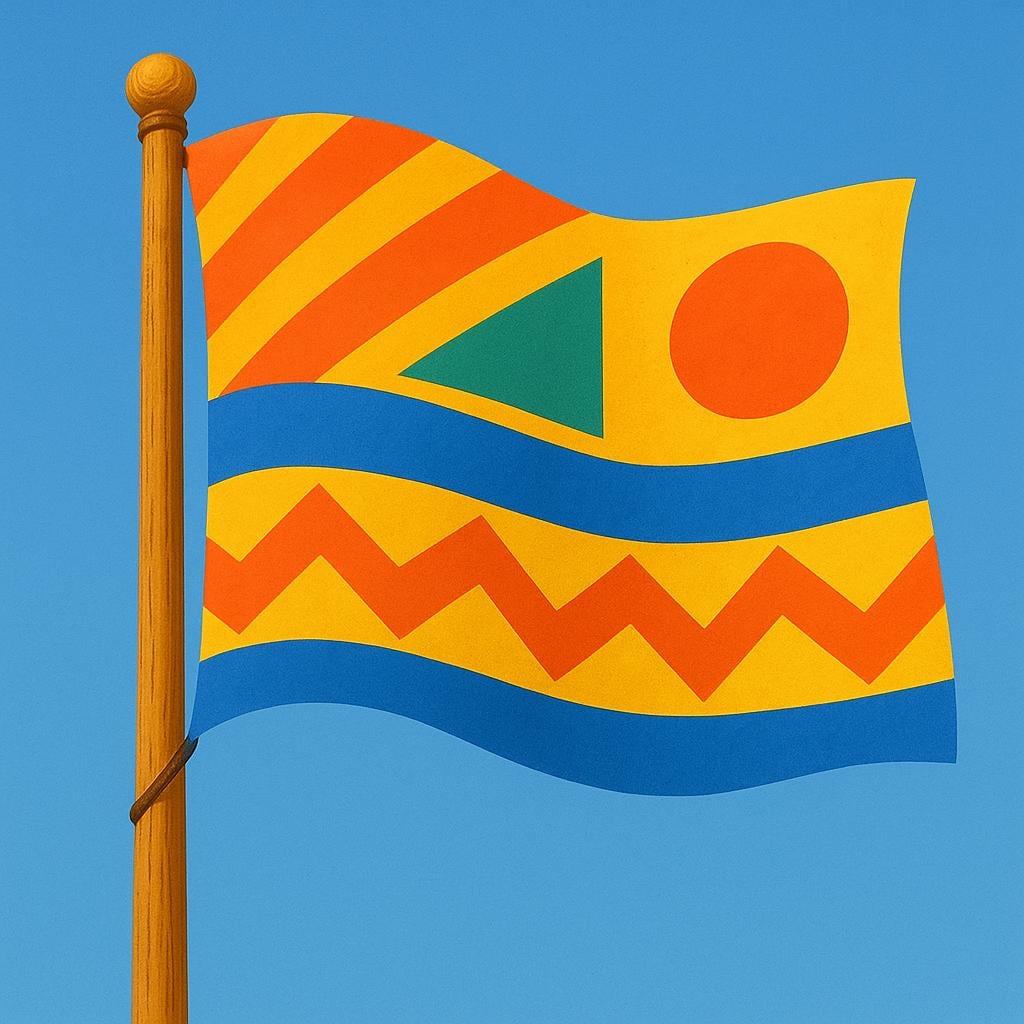 A simple storybook illustration of a large, brightly colored flag with simple geometric patterns waving strongly on a tall flagpole against a blue sky.