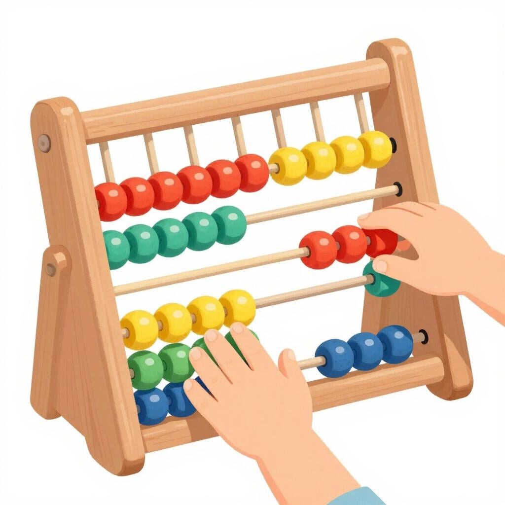 A child using an abacus with colorful beads to solve a math problem.