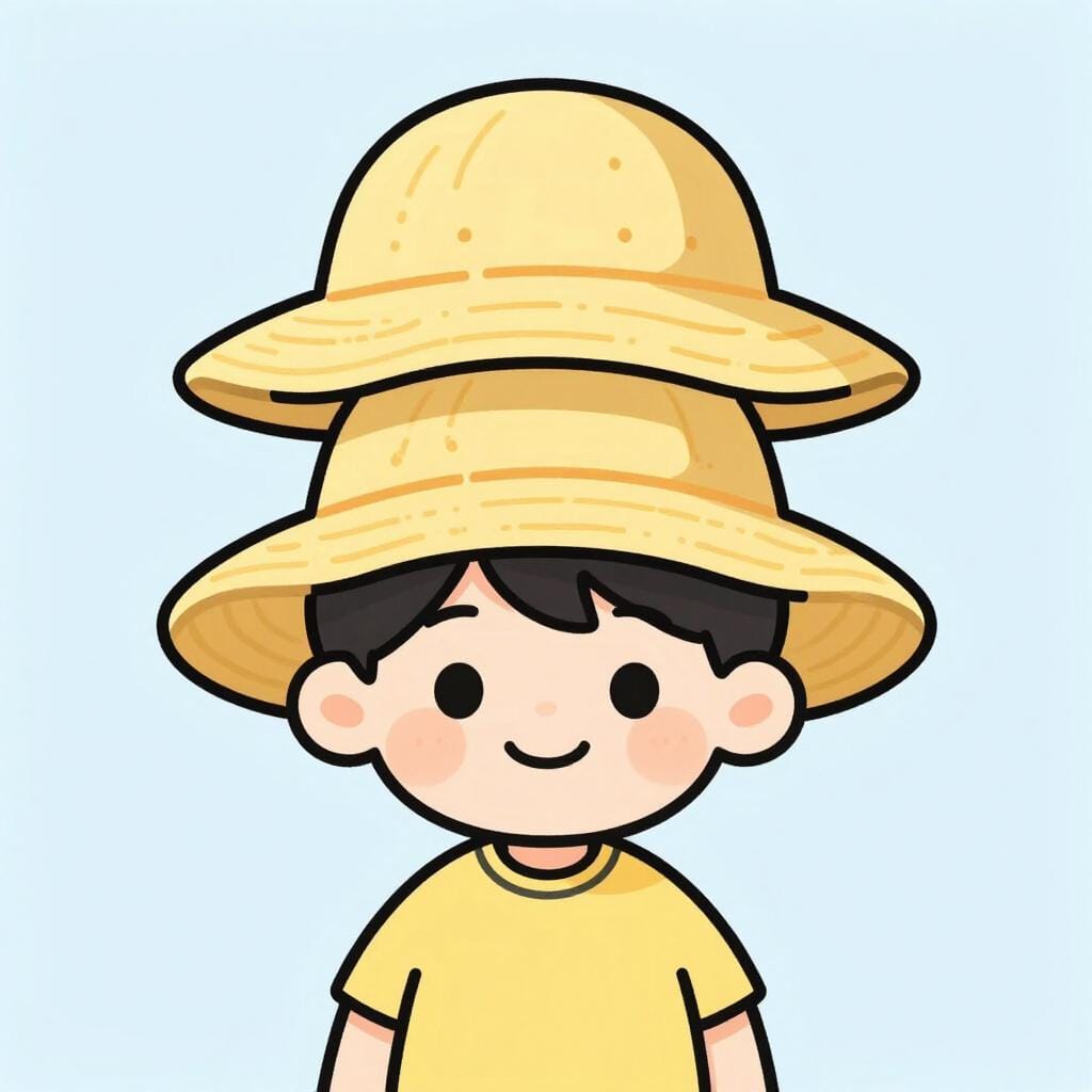 Un enfant portant deux chapeaux en même temps, l'un sur l'autre.