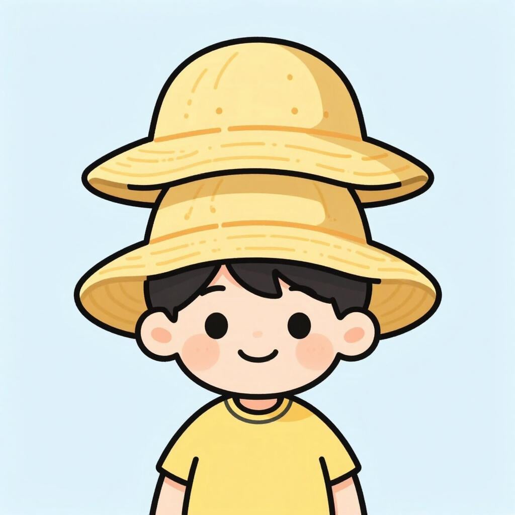 子供が同時に二つの帽子をかぶっている様子。一つはもう一つの上にかぶさっている。