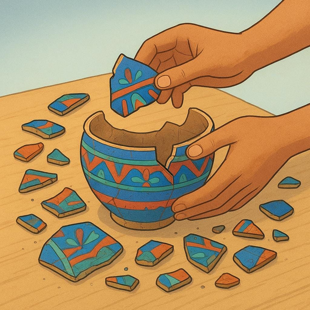 A pair of hands carefully piecing together fragments of a brightly colored, broken ancient pottery vessel on a simple wooden table.