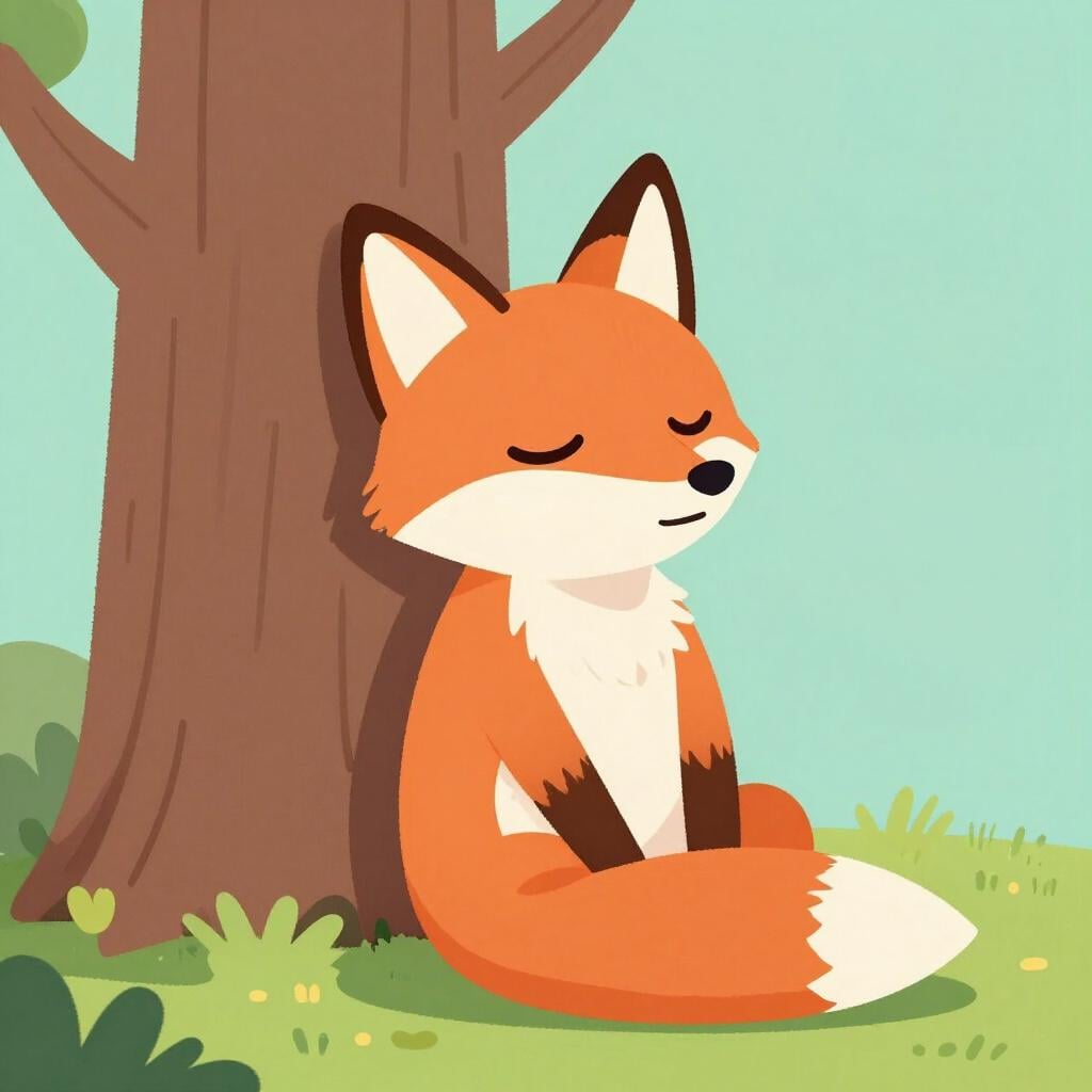A sleepy fox character sitting down, leaning heavily against a large tree trunk, with its eyes drooping shut, illustrating deep fatigue and tiredness.