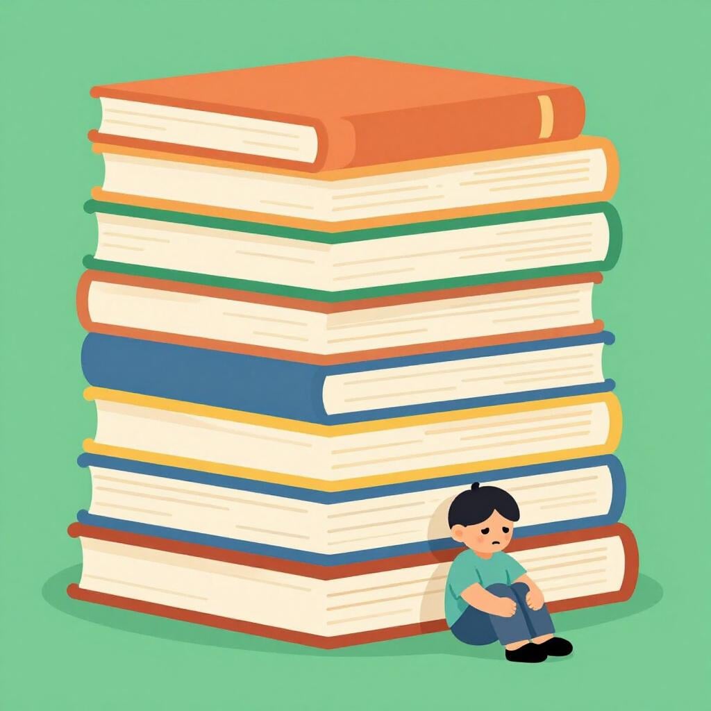 A small person sitting next to a massive, towering stack of giant books.