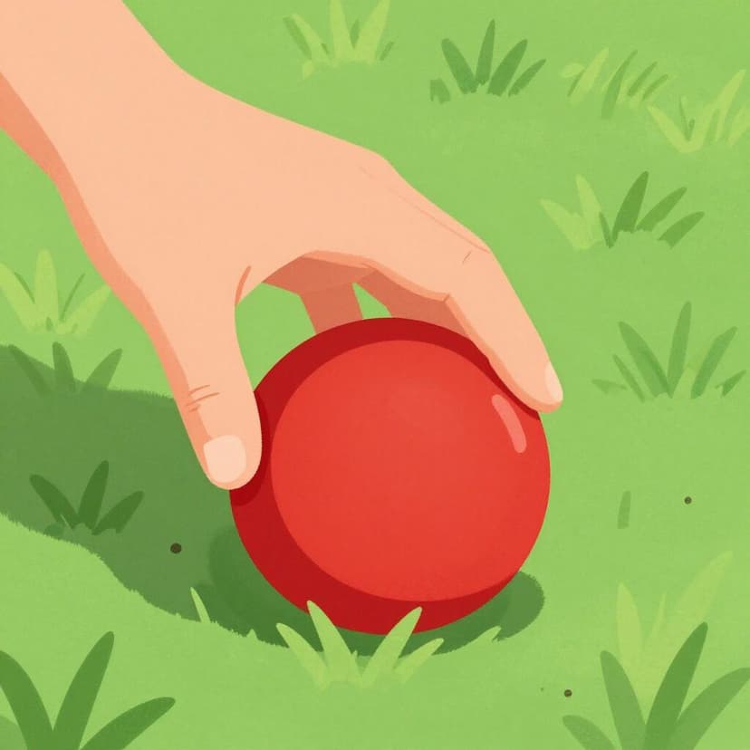 A hand reaching down and lifting a bright red ball from a patch of green grass.