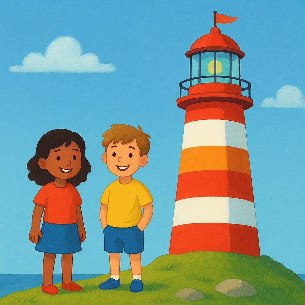 A storybook illustration showing two children standing near a tall, red and white lighthouse on a sunny coast, indicating their past location.