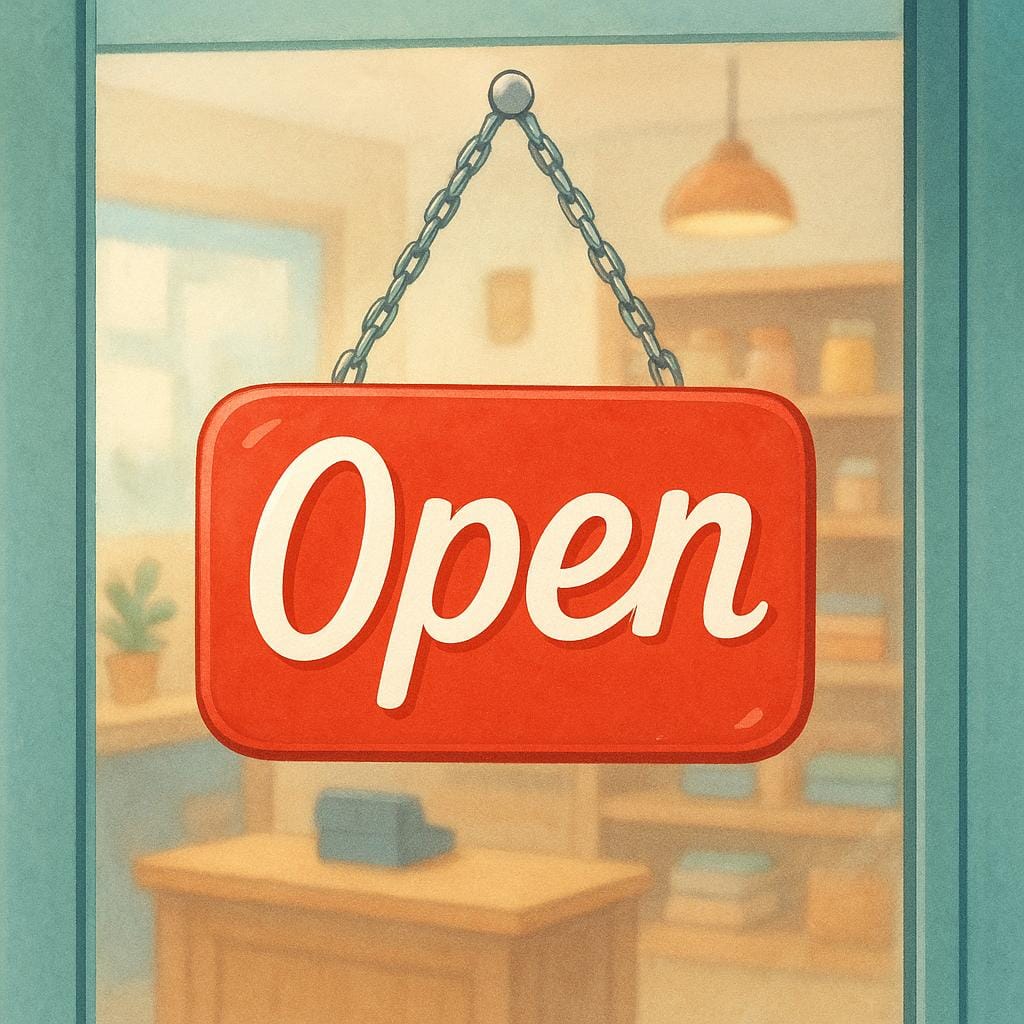 Een kleurrijk open bord hangend aan een winkeldeur, wat aangeeft dat deze klaar is voor klanten.