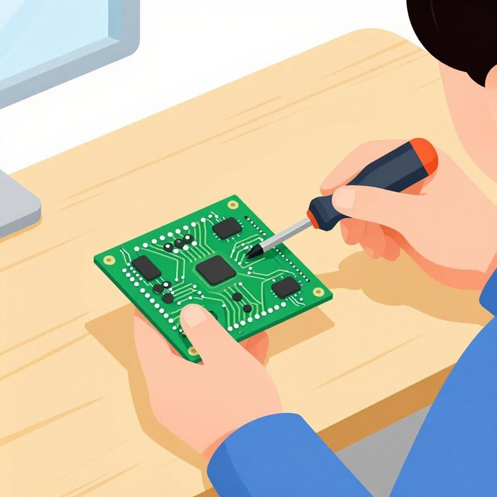 Eine Person mit einem Werkzeuggürtel, die einen kleinen Schraubenzieher und eine Platine hält.