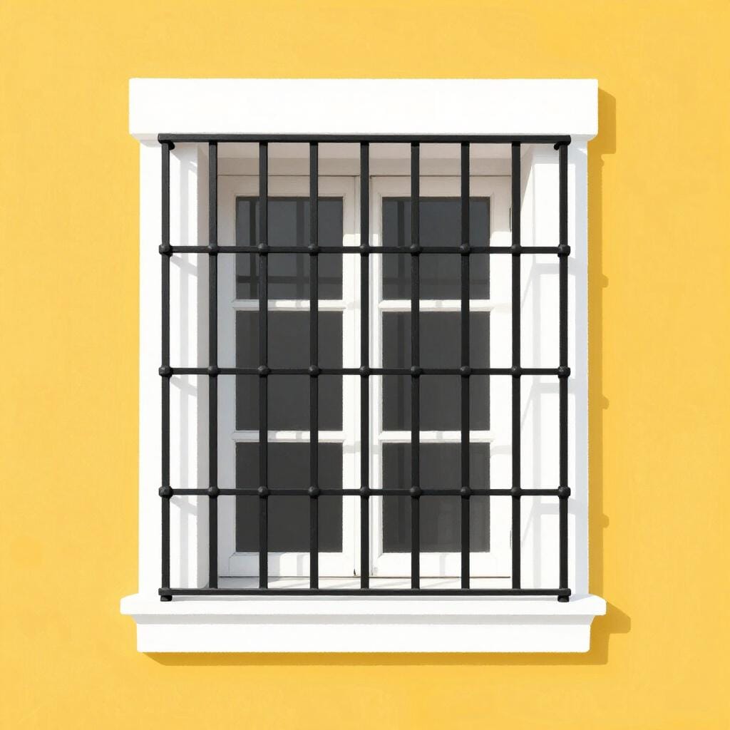 A black metal decorative grating covering a white window on a colorful building.