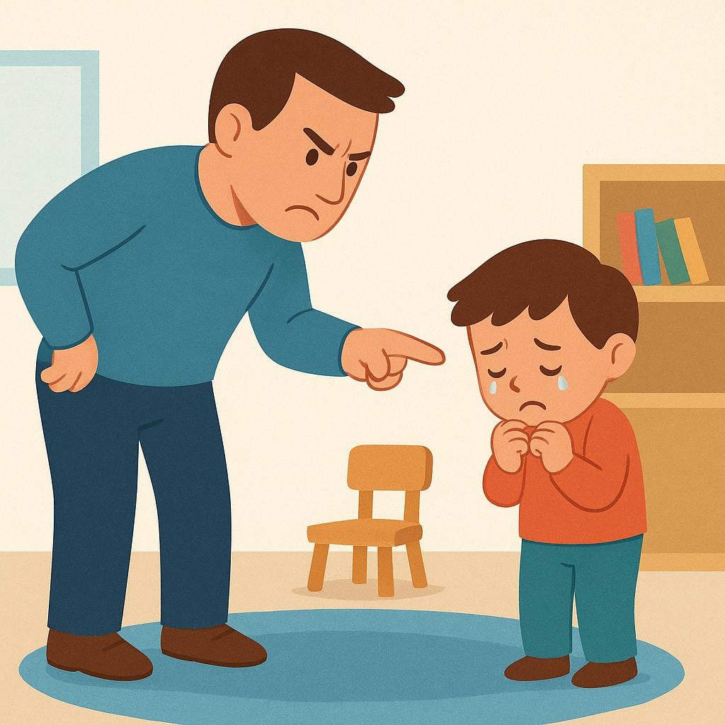 A stern adult figure is pointing emphatically at a small, distressed child, suggesting a strong command or demand for an emotional reaction.