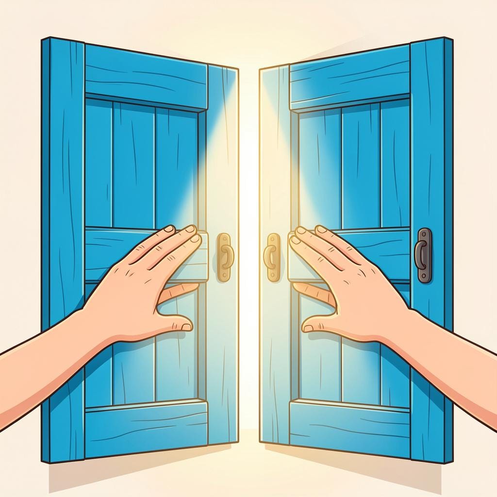 Two pairs of hands working together to push open a large set of colorful double doors.