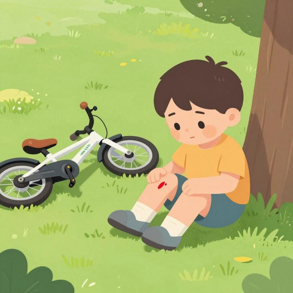 Un bambino seduto a terra che guarda un ginocchio sbucciato.