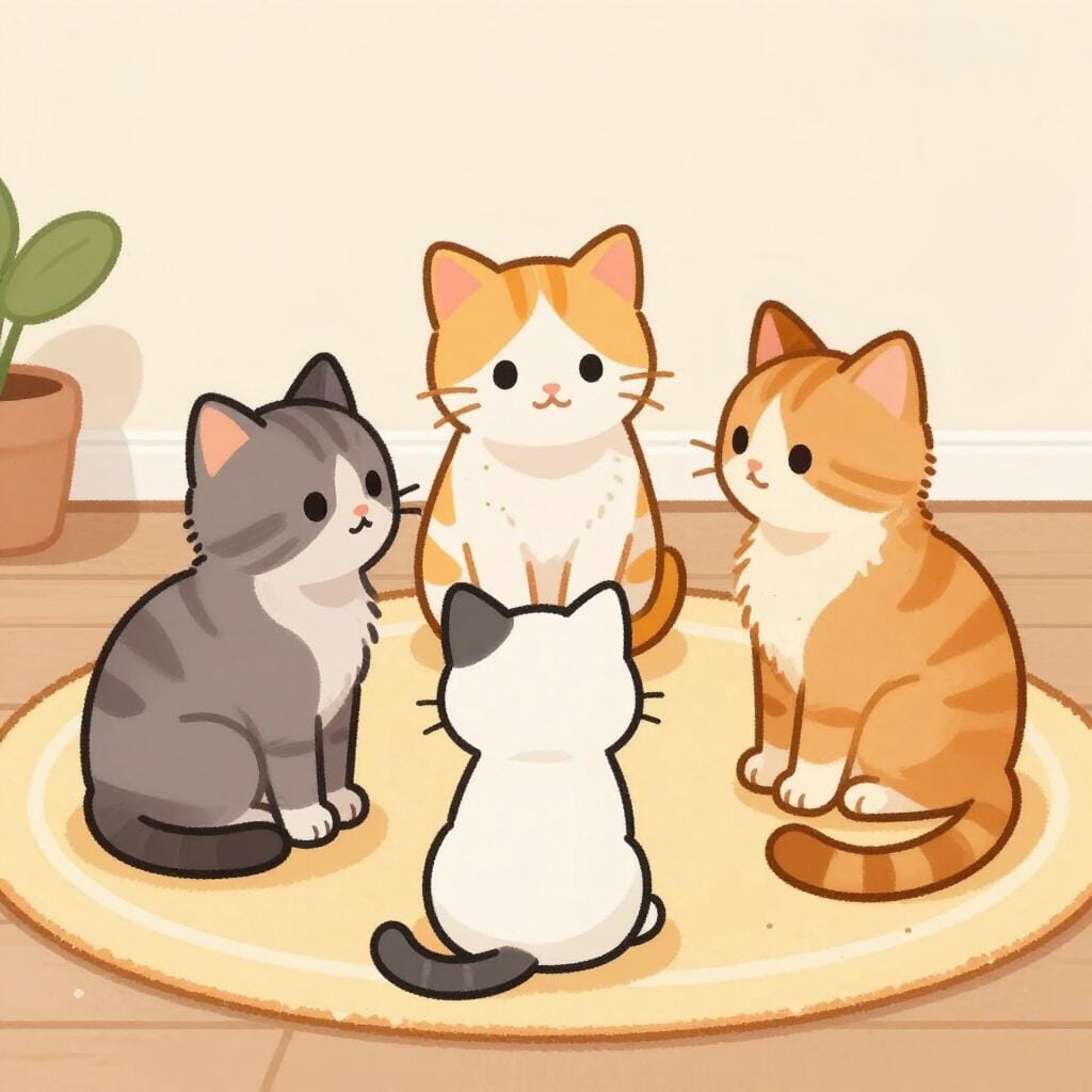 Een kleine groep van drie kittens die een vierde kitten in hun cirkel verwelkomen.