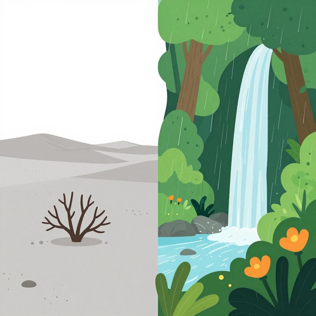 A vibrant landscape split down the middle: one side is a dry, gray desert and the other side is a lush, green rainforest.
