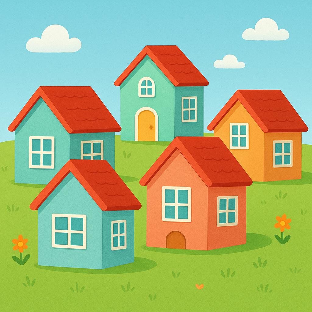 Several simple, colorful school buildings with pitched roofs and large windows, standing on green grass under a blue sky, representing educational institutions.