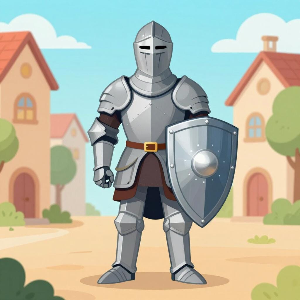 Ein edler Ritter steht aufrecht mit einem glänzenden, sauberen Schild, der einen guten Ruf repräsentiert.