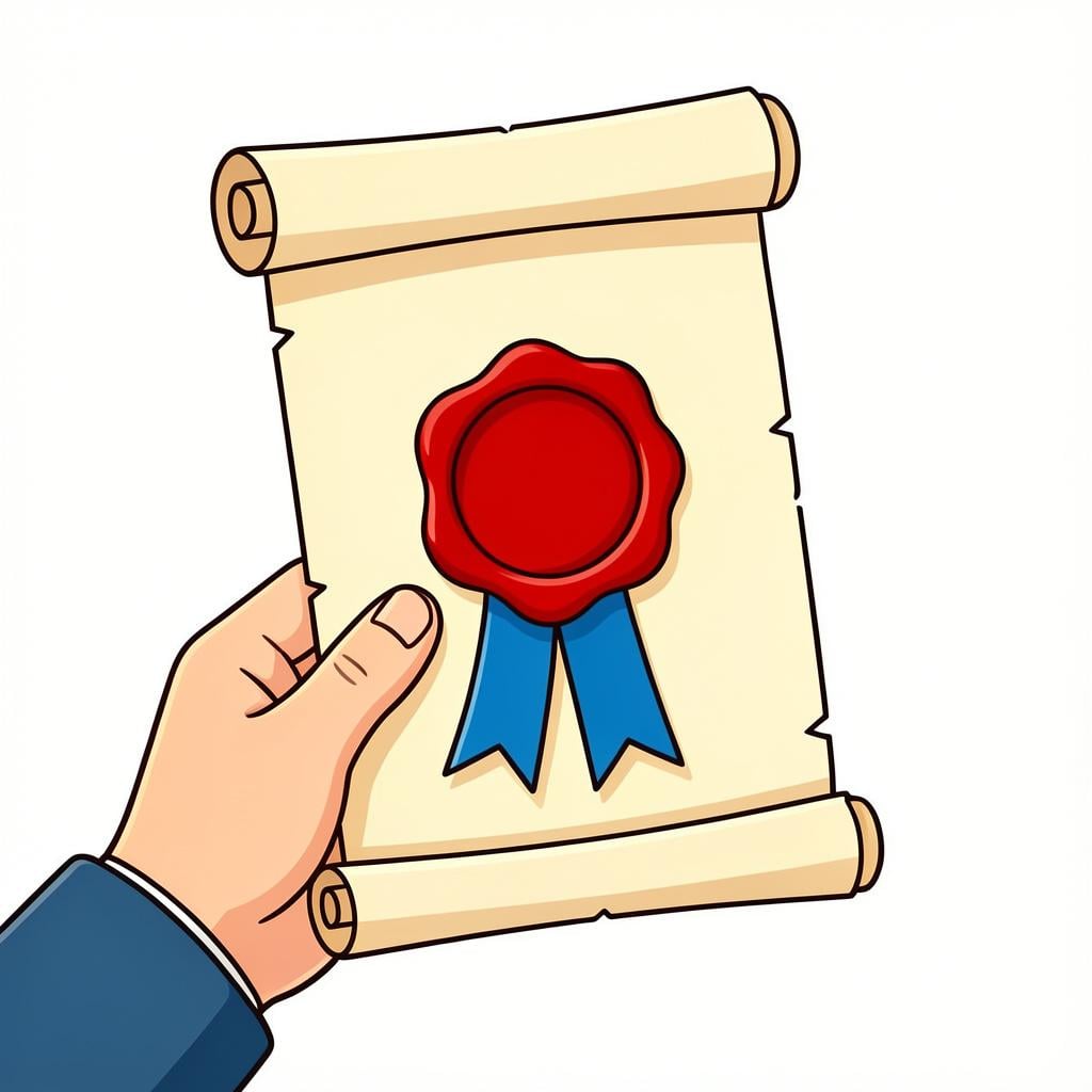 A hand holding a formal paper document with a large red wax seal and a blue ribbon.
