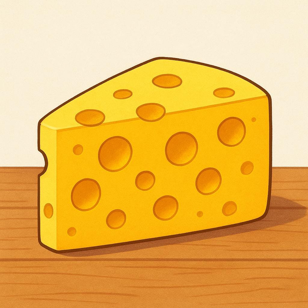 A large block of colorful yellow Swiss cheese clearly showing many round holes throughout its surface.