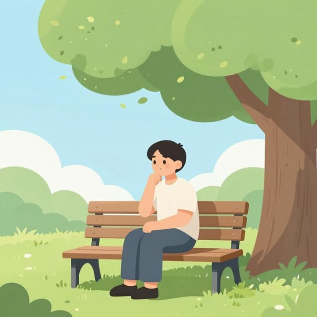 A person sitting on a park bench under a large tree, looking thoughtfully into the distance with a hand on their chin.