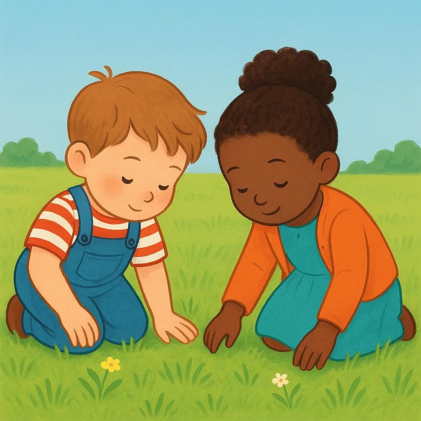 Two small children are kneeling in a sunny green field, diligently searching the grass with their hands, illustrating the act of looking for something.