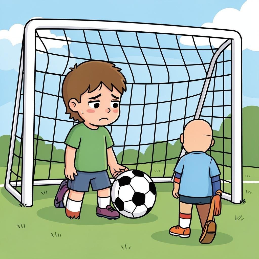 A sad child looking at a soccer ball in the net while their shoulders are slumped.
