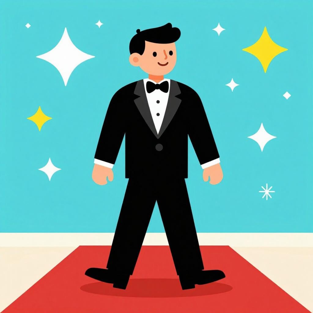 A famous person wearing elegant clothes standing on a red carpet with bright camera flashes in the background.