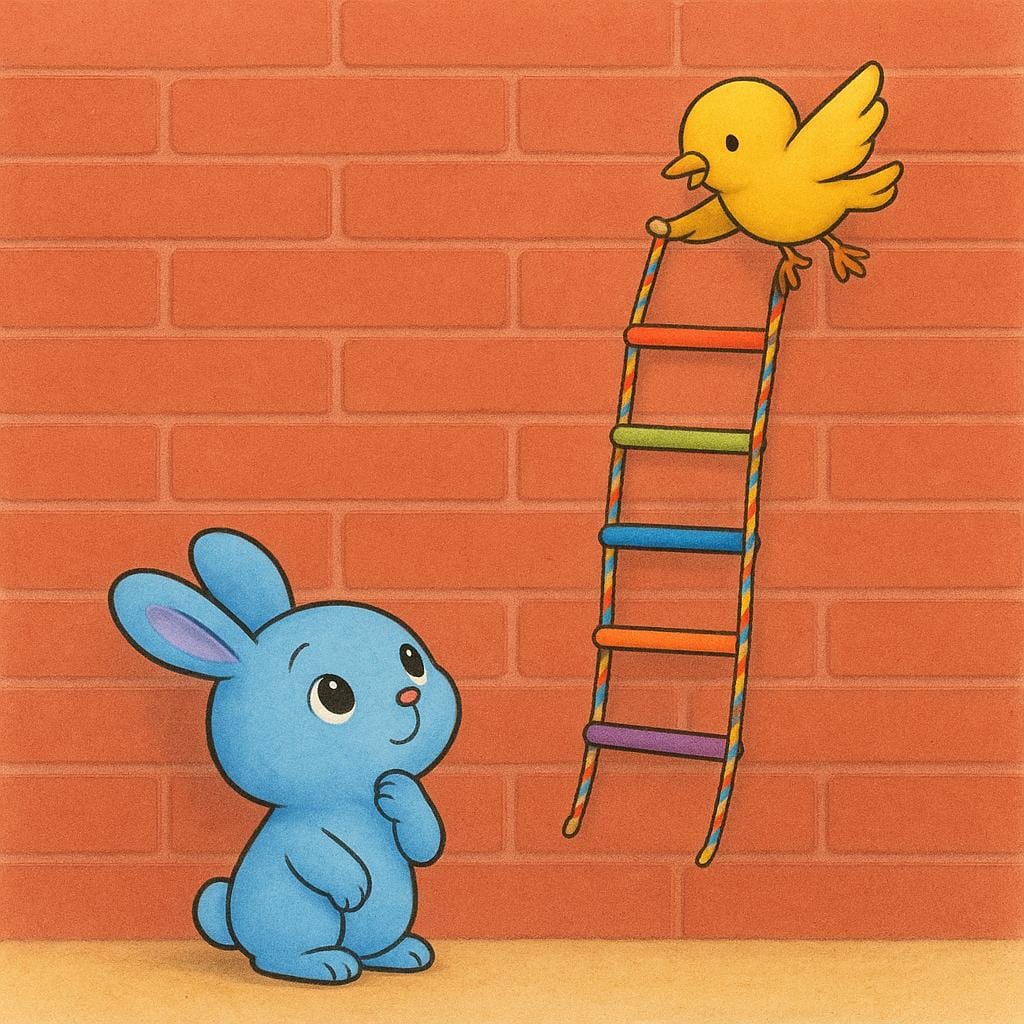 A small, determined character standing before a large, daunting obstacle, while another supportive character offers a tool, symbolizing the hopeful possibility inherent in 'puedas'.