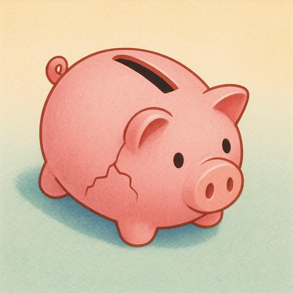 A small, simple, ceramic piggy bank that has a crack in it and is lying on its side, completely empty, illustrating a lack of money.